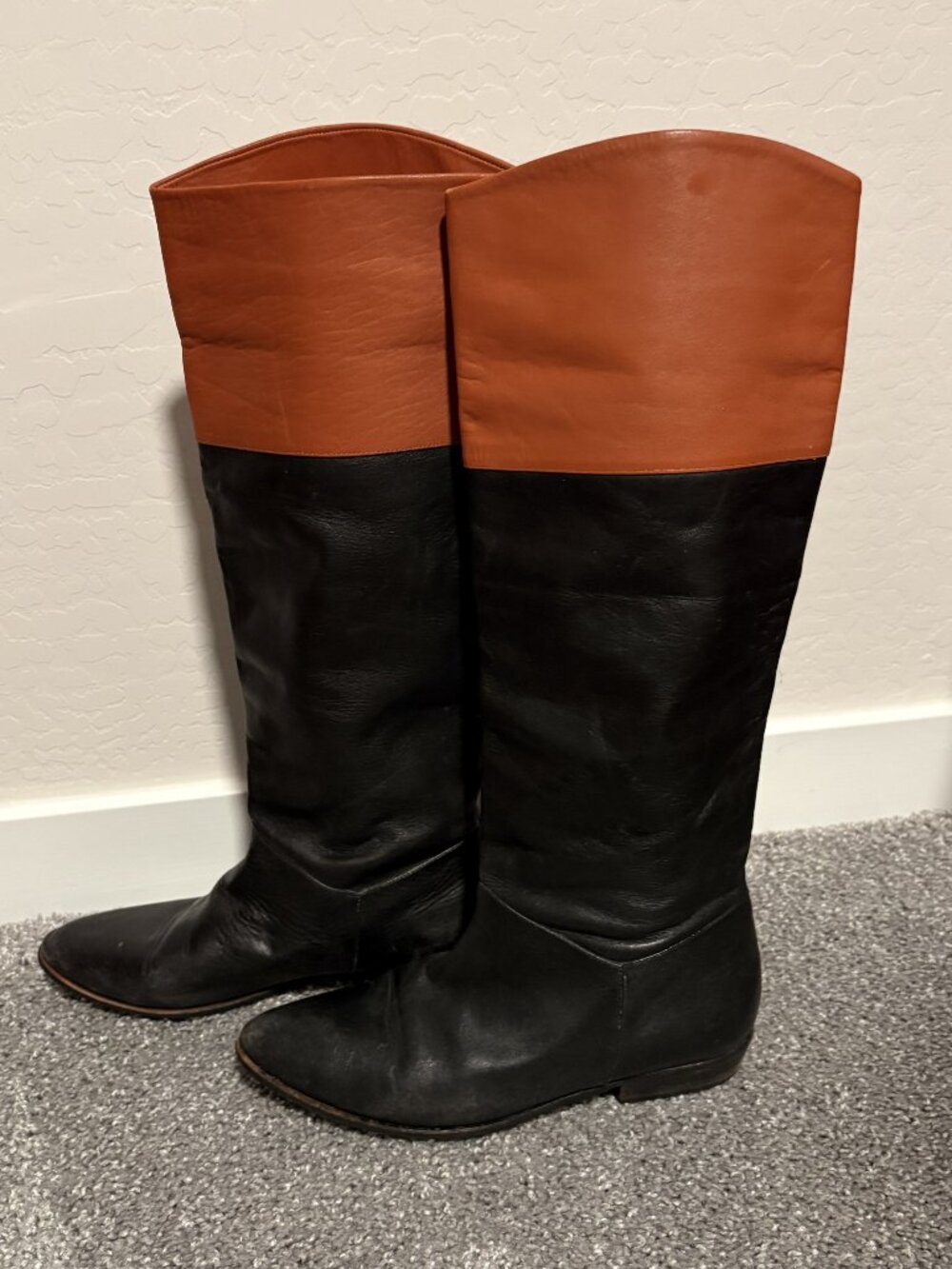 Two-Tone Black and Rust Leather Knee-High Boots